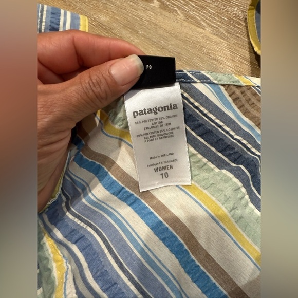 Patagonia Size 10 Netty V-neck Striped Tie Back Midi Dress - Blue, Yellow, Brown - Picture 9 of 9